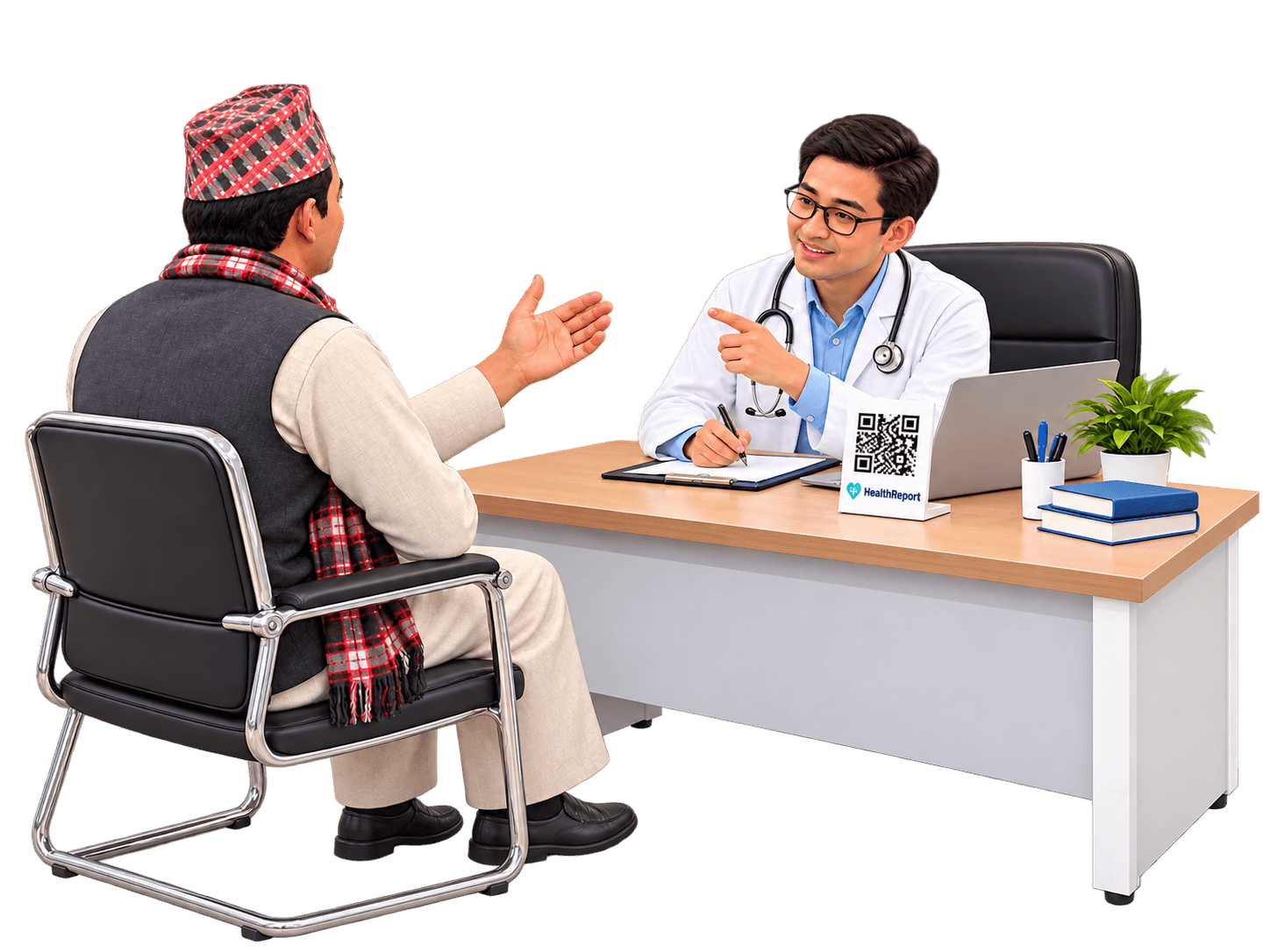 A patient shows a doctor their HealthReport medical history on a phone, with a HealthReport QR code on the desk