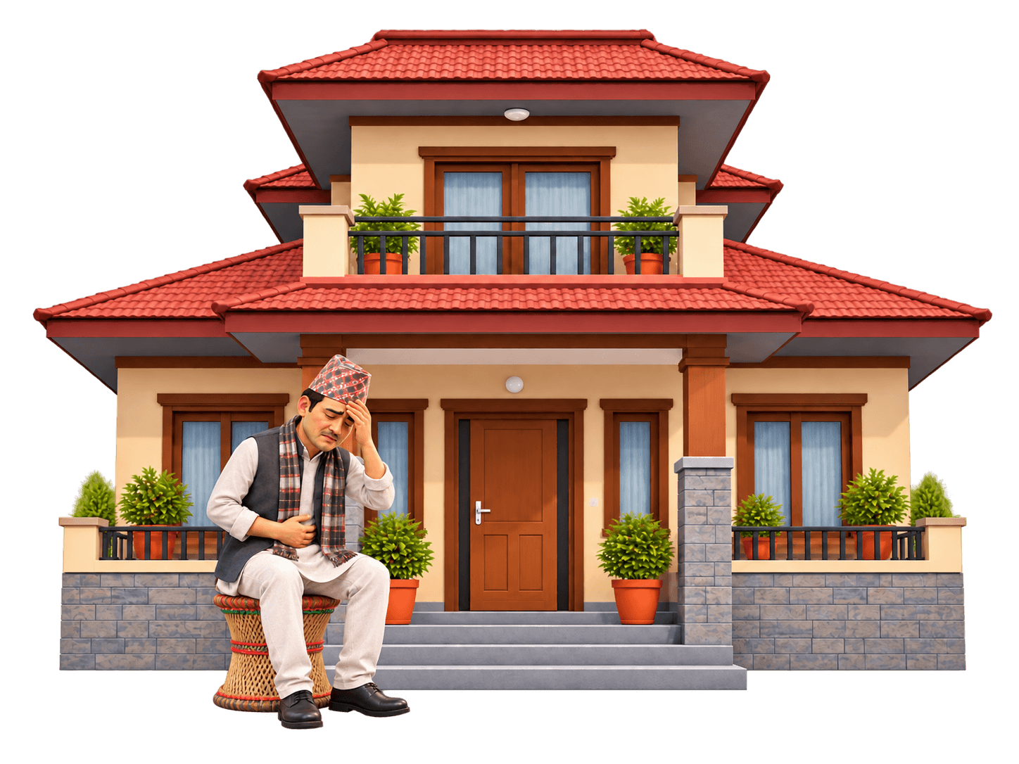 A man feeling unwell, sitting on a stool outside his home